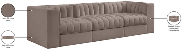 Meridian Furniture Rummi Three Piece Modular Sofa in Stain Resistant Taupe Velvet with Channel Tufting 660Taupe-S97