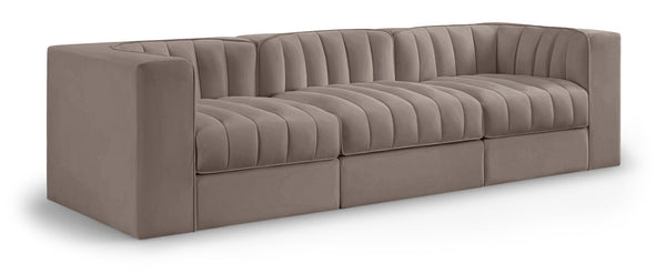 Meridian Furniture Rummi Three Piece Modular Sofa in Stain Resistant Taupe Velvet with Channel Tufting 660Taupe-S97