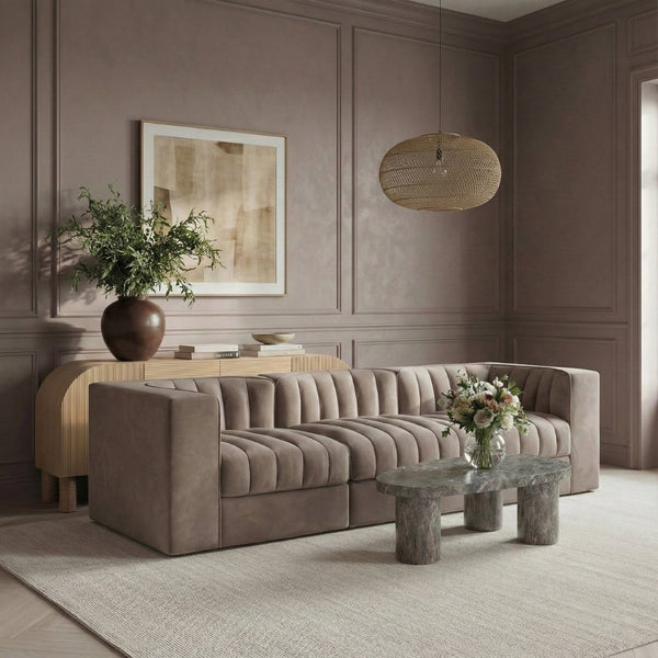 Meridian Furniture Rummi Three Piece Modular Sofa in Stain Resistant Taupe Velvet with Channel Tufting 660Taupe-S97