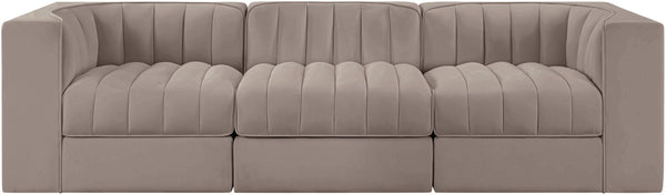 Meridian Furniture Rummi Three Piece Modular Sofa in Stain Resistant Taupe Velvet with Channel Tufting 660Taupe-S97