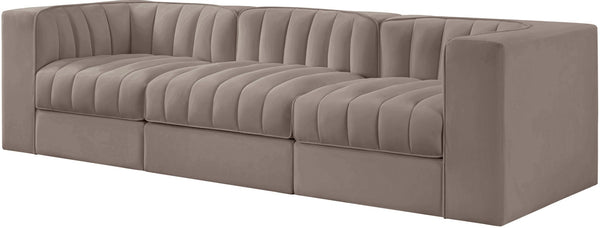 Meridian Furniture Rummi Three Piece Modular Sofa in Stain Resistant Taupe Velvet with Channel Tufting 660Taupe-S97