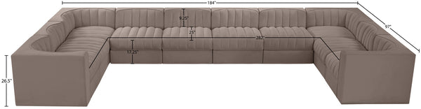 Meridian Furniture Rummi 10 Piece Modular Sectional Taupe Velvet Channel Tufted Low Profile Sofa 660Taupe-Sec10A