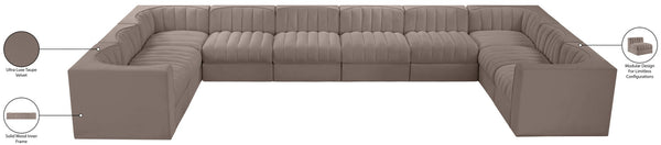 Meridian Furniture Rummi 10 Piece Modular Sectional Taupe Velvet Channel Tufted Low Profile Sofa 660Taupe-Sec10A