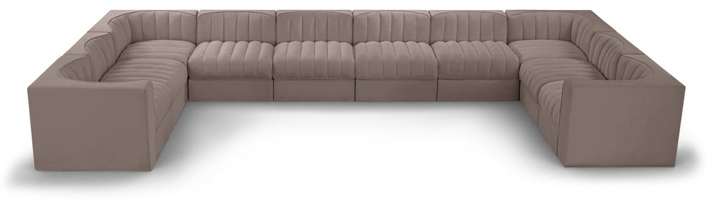 Meridian Furniture Rummi 10 Piece Modular Sectional Taupe Velvet Channel Tufted Low Profile Sofa 660Taupe-Sec10A