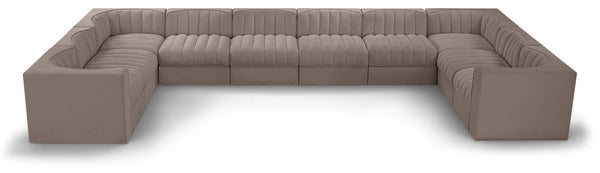 Meridian Furniture Rummi 10 Piece Modular Sectional Taupe Velvet Channel Tufted Low Profile Sofa 660Taupe-Sec10A