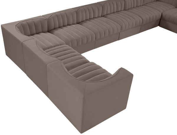 Meridian Furniture Rummi 10 Piece Modular Sectional Taupe Velvet Channel Tufted Low Profile Sofa 660Taupe-Sec10A