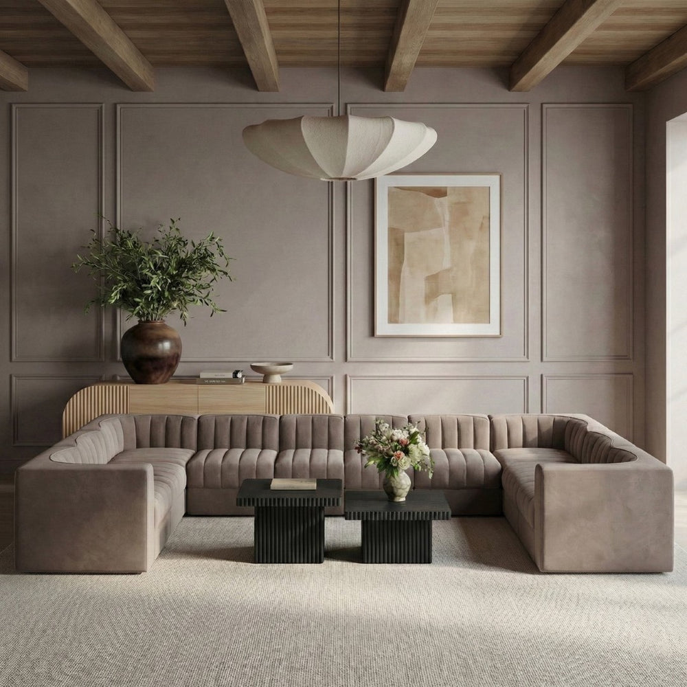 Meridian Furniture Rummi 10 Piece Modular Sectional Taupe Velvet Channel Tufted Low Profile Sofa 660Taupe-Sec10A