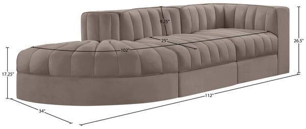 Meridian Furniture Rummi Channel Tufted Velvet Modular Sectional Sofa with Solid Wood Frame for Modern Living Taupe 660Taupe-Sec3A