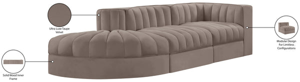 Meridian Furniture Rummi Channel Tufted Velvet Modular Sectional Sofa with Solid Wood Frame for Modern Living Taupe 660Taupe-Sec3A