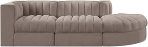 Meridian Furniture Rummi Channel Tufted Velvet Modular Sectional Sofa with Solid Wood Frame for Modern Living Taupe 660Taupe-Sec3A
