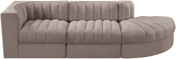 Meridian Furniture Rummi Channel Tufted Velvet Modular Sectional Sofa with Solid Wood Frame for Modern Living Taupe 660Taupe-Sec3A