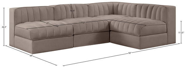 Meridian Furniture Rummi Four Piece Modular Sectional Taupe Velvet Channel Tufted Low Profile Sofa 660Taupe-Sec4A