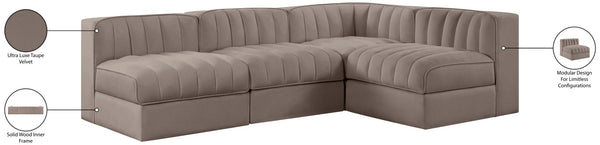 Meridian Furniture Rummi Four Piece Modular Sectional Taupe Velvet Channel Tufted Low Profile Sofa 660Taupe-Sec4A