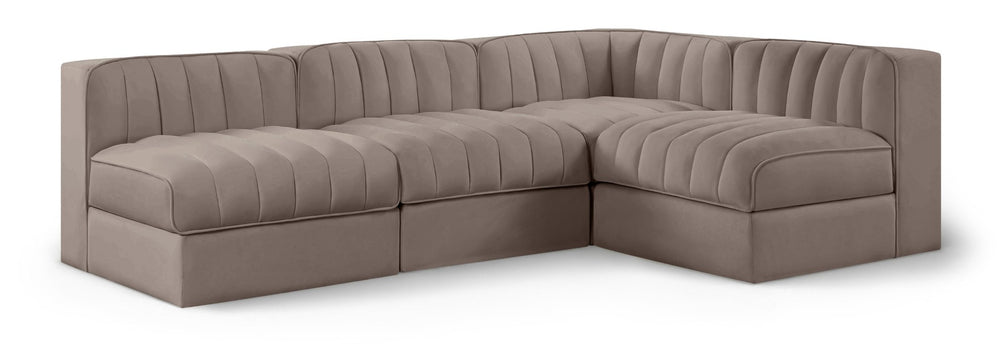 Meridian Furniture Rummi Four Piece Modular Sectional Taupe Velvet Channel Tufted Low Profile Sofa 660Taupe-Sec4A
