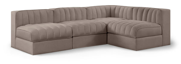 Meridian Furniture Rummi Four Piece Modular Sectional Taupe Velvet Channel Tufted Low Profile Sofa 660Taupe-Sec4A