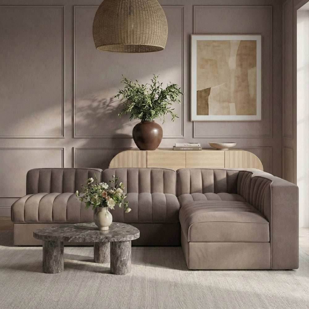 Meridian Furniture Rummi Four Piece Modular Sectional Taupe Velvet Channel Tufted Low Profile Sofa 660Taupe-Sec4A