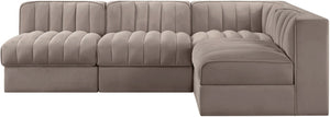 Meridian Furniture Rummi Four Piece Modular Sectional Taupe Velvet Channel Tufted Low Profile Sofa 660Taupe-Sec4A