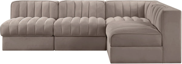Meridian Furniture Rummi Four Piece Modular Sectional Taupe Velvet Channel Tufted Low Profile Sofa 660Taupe-Sec4A