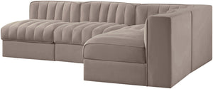 Meridian Furniture Rummi Four Piece Modular Sectional Taupe Velvet Channel Tufted Low Profile Sofa 660Taupe-Sec4A