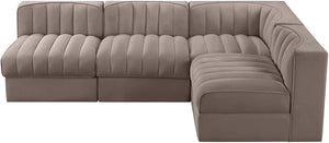 Meridian Furniture Rummi Four Piece Modular Sectional Taupe Velvet Channel Tufted Low Profile Sofa 660Taupe-Sec4A