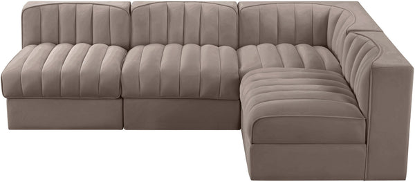 Meridian Furniture Rummi Four Piece Modular Sectional Taupe Velvet Channel Tufted Low Profile Sofa 660Taupe-Sec4A