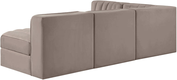 Meridian Furniture Rummi Four Piece Modular Sectional Taupe Velvet Channel Tufted Low Profile Sofa 660Taupe-Sec4A