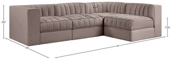 Meridian Furniture Rummi Four Piece Modular Sectional Taupe Velvet Channel Tufted Contemporary Sofa 660Taupe-Sec4B