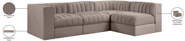 Meridian Furniture Rummi Four Piece Modular Sectional Taupe Velvet Channel Tufted Contemporary Sofa 660Taupe-Sec4B