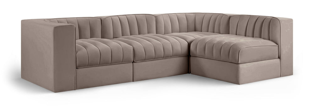 Meridian Furniture Rummi Four Piece Modular Sectional Taupe Velvet Channel Tufted Contemporary Sofa 660Taupe-Sec4B