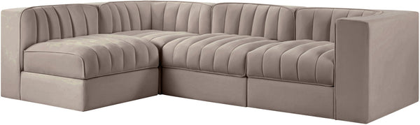 Meridian Furniture Rummi Four Piece Modular Sectional Taupe Velvet Channel Tufted Contemporary Sofa 660Taupe-Sec4B