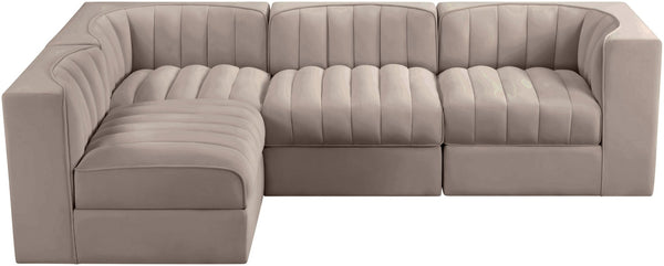 Meridian Furniture Rummi Four Piece Modular Sectional Taupe Velvet Channel Tufted Contemporary Sofa 660Taupe-Sec4B