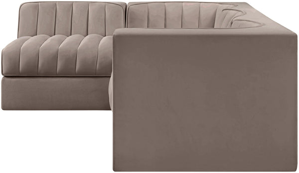 Meridian Furniture Rummi Four Piece Modular Sectional Taupe Velvet Channel Tufted Contemporary Sofa 660Taupe-Sec4B