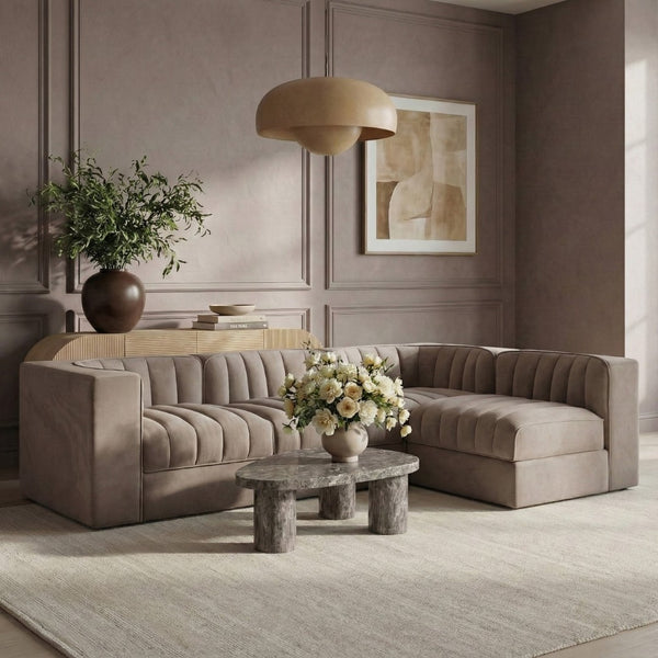 Meridian Furniture Rummi Four Piece Modular Sectional Taupe Velvet Channel Tufted Contemporary Sofa 660Taupe-Sec4B