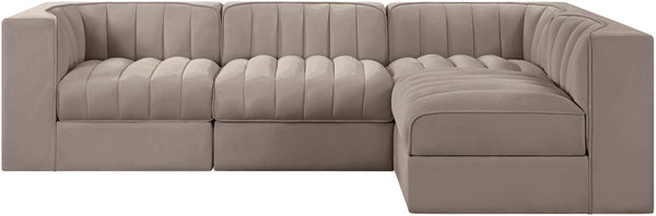 Meridian Furniture Rummi Four Piece Modular Sectional Taupe Velvet Channel Tufted Contemporary Sofa 660Taupe-Sec4B