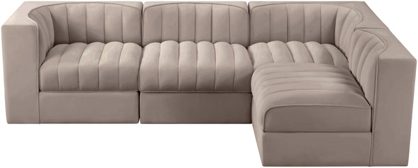 Meridian Furniture Rummi Four Piece Modular Sectional Taupe Velvet Channel Tufted Contemporary Sofa 660Taupe-Sec4B