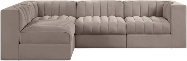 Meridian Furniture Rummi Four Piece Modular Sectional Taupe Velvet Channel Tufted Contemporary Sofa 660Taupe-Sec4B