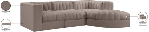 Meridian Furniture Rummi Channel Tufted Taupe Velvet Four Piece Modular Sectional for Modern Living 660Taupe-Sec4C