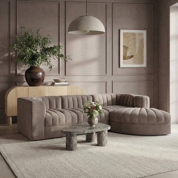 Meridian Furniture Rummi Channel Tufted Taupe Velvet Four Piece Modular Sectional for Modern Living 660Taupe-Sec4C