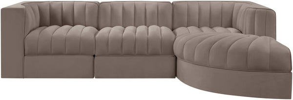 Meridian Furniture Rummi Channel Tufted Taupe Velvet Four Piece Modular Sectional for Modern Living 660Taupe-Sec4C