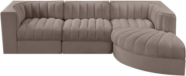 Meridian Furniture Rummi Channel Tufted Taupe Velvet Four Piece Modular Sectional for Modern Living 660Taupe-Sec4C