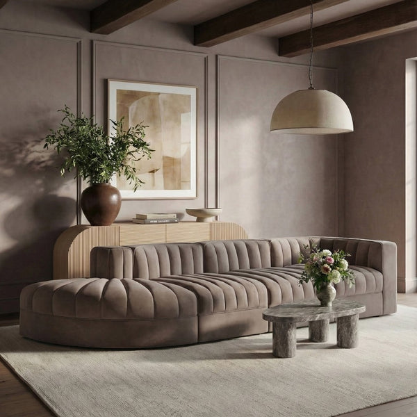 Meridian Furniture Rummi Taupe Velvet Modular Sectional with Channel Tufting and Stain Resistant Fabric 660Taupe-Sec4D