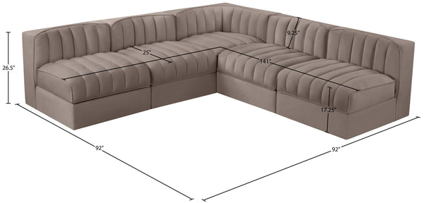 Meridian Furniture Rummi 5 Piece Modular Sectional with Channel Tufted Taupe Velvet Performance Fabric 660Taupe-Sec5A