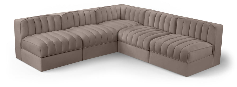 Meridian Furniture Rummi 5 Piece Modular Sectional with Channel Tufted Taupe Velvet Performance Fabric 660Taupe-Sec5A