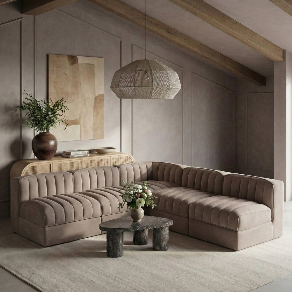 Meridian Furniture Rummi 5 Piece Modular Sectional with Channel Tufted Taupe Velvet Performance Fabric 660Taupe-Sec5A