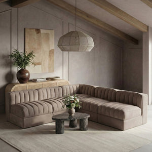 Meridian Furniture Rummi 5 Piece Modular Sectional with Channel Tufted Taupe Velvet Performance Fabric 660Taupe-Sec5A