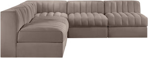 Meridian Furniture Rummi 5 Piece Modular Sectional with Channel Tufted Taupe Velvet Performance Fabric 660Taupe-Sec5A