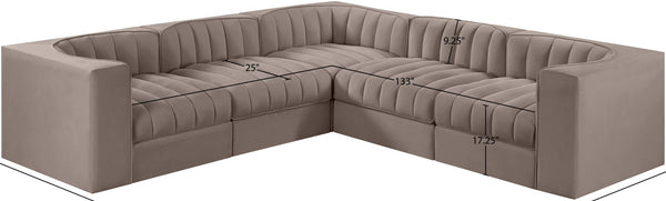Meridian Furniture Rummi Five Piece Modular Sectional Taupe Velvet Channel Tufted Low Profile Sofa 660Taupe-Sec5B