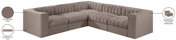Meridian Furniture Rummi Five Piece Modular Sectional Taupe Velvet Channel Tufted Low Profile Sofa 660Taupe-Sec5B