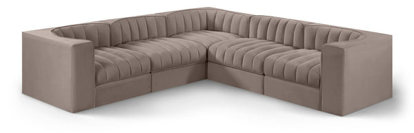 Meridian Furniture Rummi Five Piece Modular Sectional Taupe Velvet Channel Tufted Low Profile Sofa 660Taupe-Sec5B