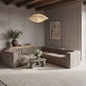 Meridian Furniture Rummi Five Piece Modular Sectional Taupe Velvet Channel Tufted Low Profile Sofa 660Taupe-Sec5B